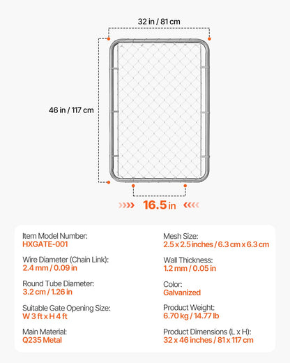 Chain Link Fence Gate, 32 x 46 in, Adjustable Chain Link Fence Panel, Fit 2-6 ft (W) x 4 ft (H) Garden Fence Gate Opening, Rust-Resistant Galvanized Fencing Gate for Farm Posts Not Included