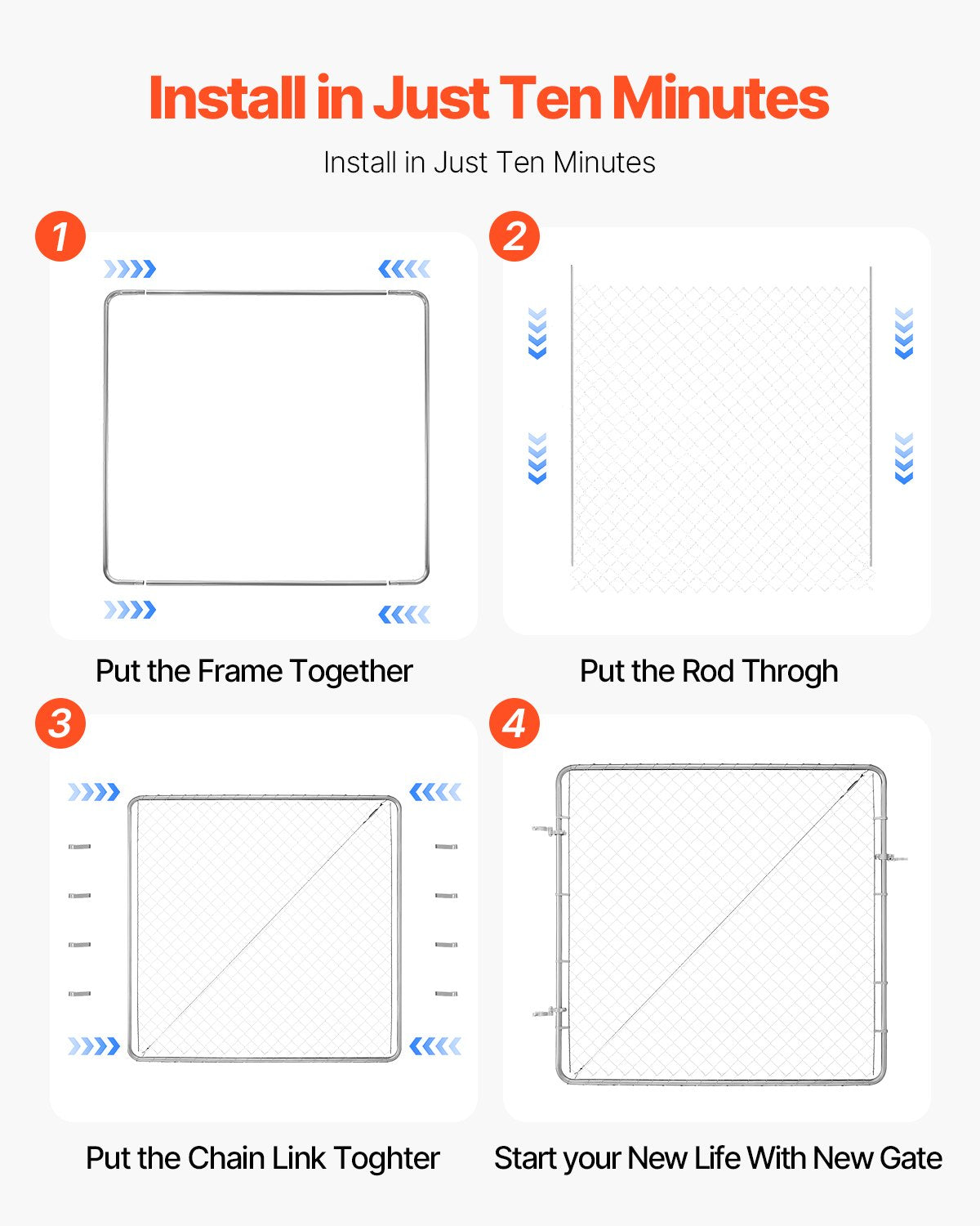 Chain Link Fence Gate, 70 x 72 in, Adjustable Chain Link Fence Panel, Fit 3 ft (W) x 4 ft (H) Garden Fence Gate Opening, Rust-Resistant Galvanized Fencing Gate for Farm Posts Not Included