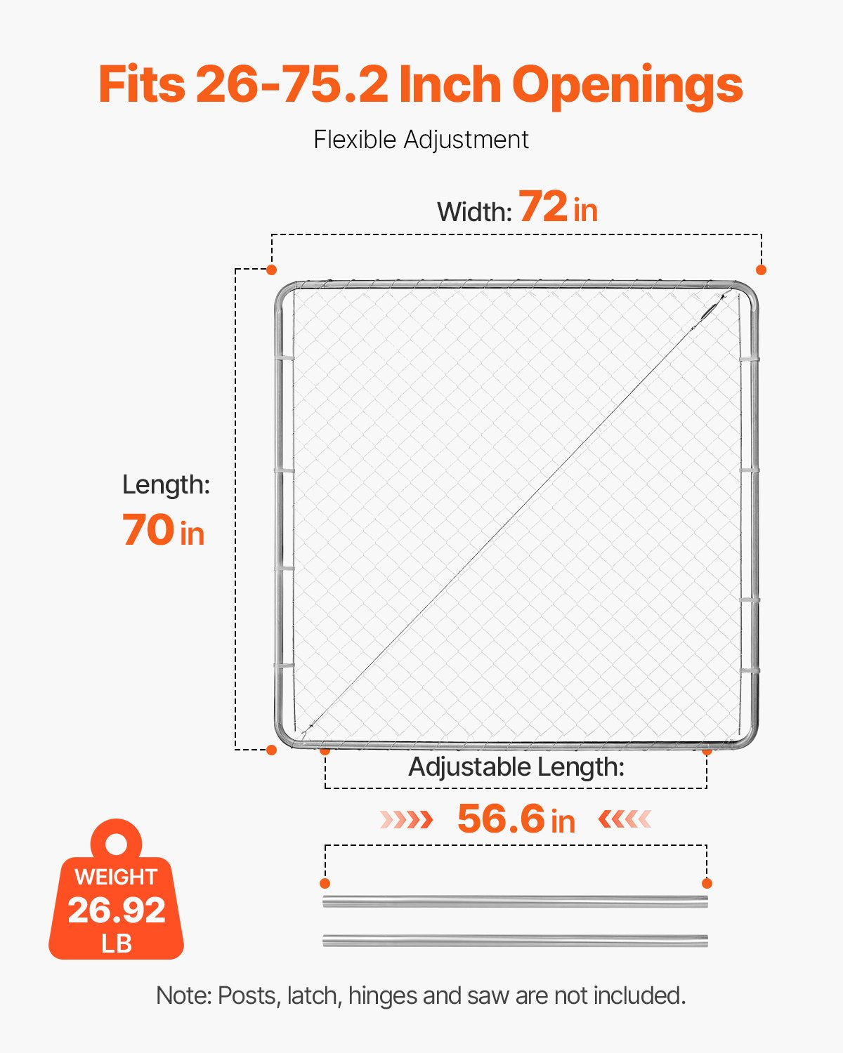 Chain Link Fence Gate, 70 x 72 in, Adjustable Chain Link Fence Panel, Fit 3 ft (W) x 4 ft (H) Garden Fence Gate Opening, Rust-Resistant Galvanized Fencing Gate for Farm Posts Not Included