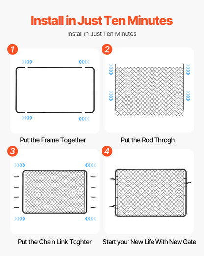 Chain Link Fence Gate, 72 x 48 in, Adjustable Chain Link Fence Panel, Fit 2.2-6 ft (W) x 6 ft (H) Garden Fence Gate Opening, Fencing Gate with Plastic Coating, for Farm Black, Posts Not Included