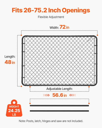 Chain Link Fence Gate, 72 x 48 in, Adjustable Chain Link Fence Panel, Fit 2.2-6 ft (W) x 6 ft (H) Garden Fence Gate Opening, Fencing Gate with Plastic Coating, for Farm Black, Posts Not Included