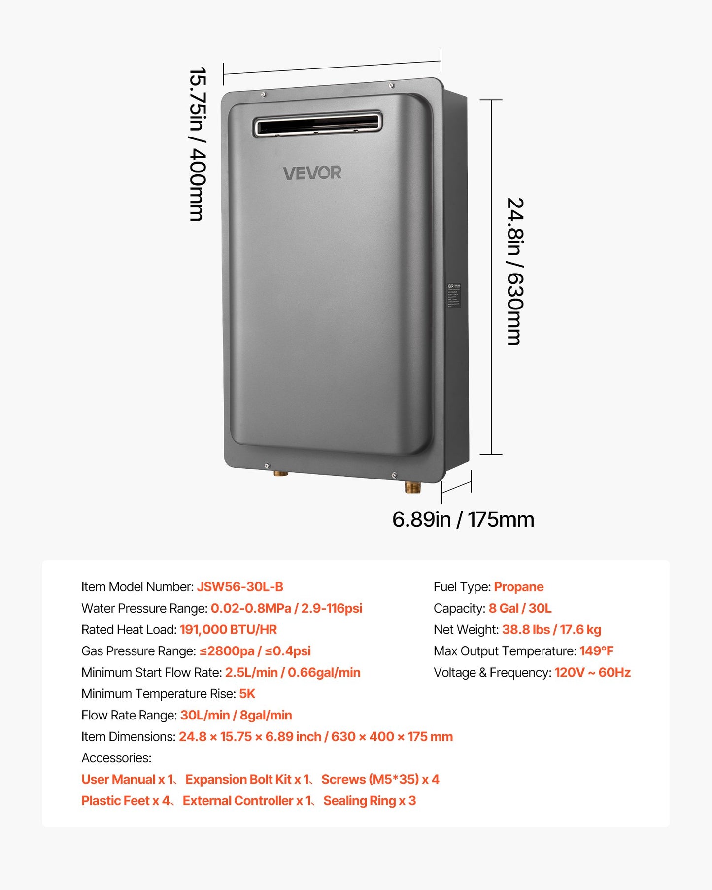 Propane Tankless Water Heater, 8Gal Outdoor 191000 BTU Instant Hot Water Heater, Smart Temperature Control & 3/4 inch NPT Interface& Multiple Security Protections for Whole House, Silver Gray