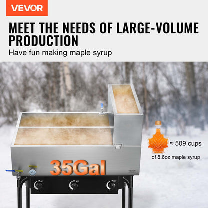 Maple Syrup Evaporator Pan, 35 Gallon, 509 Cups of 8.8oz Maple Syrup, Flat Evaporator Pan with Thermometer, 2 Valves and 3 Heating Methods, Stainless Steel Maple Syrup Pan for Home, Outdoor