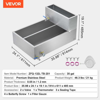 Maple Syrup Evaporator Pan, 35 Gallon, 509 Cups of 8.8oz Maple Syrup, Flat Evaporator Pan with Thermometer, 2 Valves and 3 Heating Methods, Stainless Steel Maple Syrup Pan for Home, Outdoor