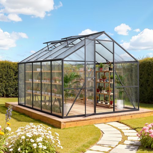 8 x 10 FT Polycarbonate Greenhouse, Heavy Duty Outdoor Green House with Adjustable Vents & Push-Pull Lockable Door, Quick Setup, Aluminum Frame Walk-in Greenhouse Sunroom for Outside Garden Lawn
