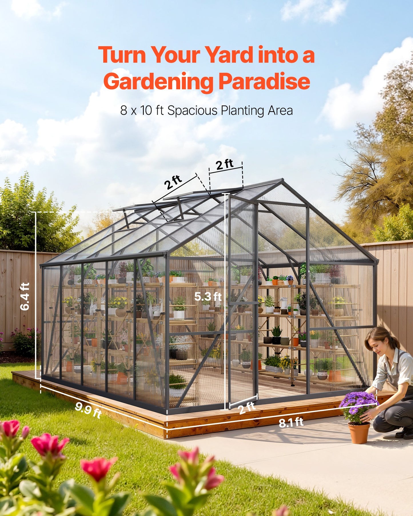 8 x 10 FT Polycarbonate Greenhouse, Heavy Duty Outdoor Green House with Adjustable Vents & Push-Pull Lockable Door, Quick Setup, Aluminum Frame Walk-in Greenhouse Sunroom for Outside Garden Lawn