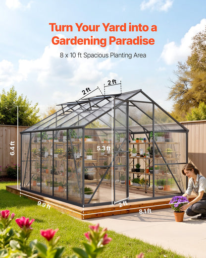 8 x 10 FT Polycarbonate Greenhouse, Heavy Duty Outdoor Green House with Adjustable Vents & Push-Pull Lockable Door, Quick Setup, Aluminum Frame Walk-in Greenhouse Sunroom for Outside Garden Lawn