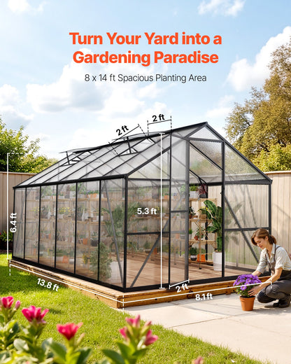 8 x 14 FT Polycarbonate Greenhouse, Heavy Duty Outdoor Green House with Adjustable Vent & Push-Pull Lockable Door, Quick Setup, Aluminum Frame Walk-in Greenhouse Sunroom for Outside Garden Lawn