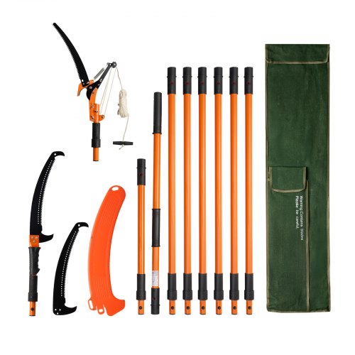 Manual Pole Saw, 4.46-26.4 ft Extendable Tree Pruner with Scissors, Sharp 65Mn Steel Blade, Lightweight Fiberglass Handle Pole, Two Double-Hook Saws, for High Branch Trimming, Palms and Shrubs