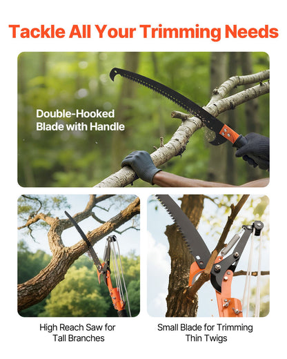 Manual Pole Saw, 4.46-26.4 ft Extendable Tree Pruner with Scissors, Sharp 65Mn Steel Blade, Lightweight Fiberglass Handle Pole, Two Double-Hook Saws, for High Branch Trimming, Palms and Shrubs