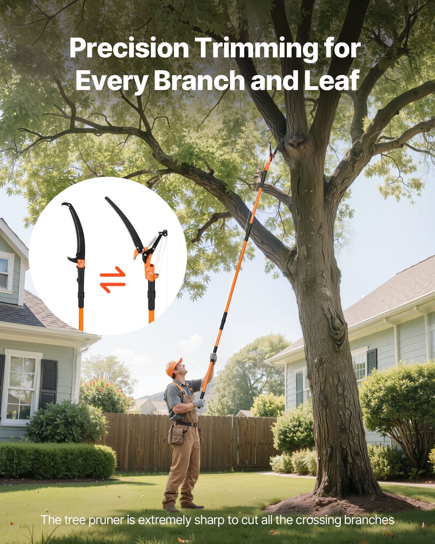 Manual Pole Saw, 4.46-26.4 ft Extendable Tree Pruner with Scissors, Sharp 65Mn Steel Blade, Lightweight Fiberglass Handle Pole, Two Double-Hook Saws, for High Branch Trimming, Palms and Shrubs