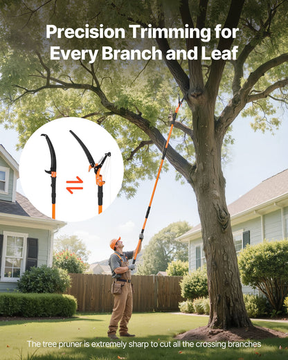 Manual Pole Saw, 4.46-26.4 ft Extendable Tree Pruner with Scissors, Sharp 65Mn Steel Blade, Lightweight Fiberglass Handle Pole, Two Double-Hook Saws, for High Branch Trimming, Palms and Shrubs
