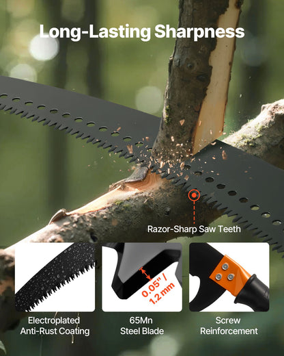 Manual Pole Saw, 4.46-26.4 ft Extendable Tree Pruner with Scissors, Sharp 65Mn Steel Blade, Lightweight Fiberglass Handle Pole, Two Double-Hook Saws, for High Branch Trimming, Palms and Shrubs