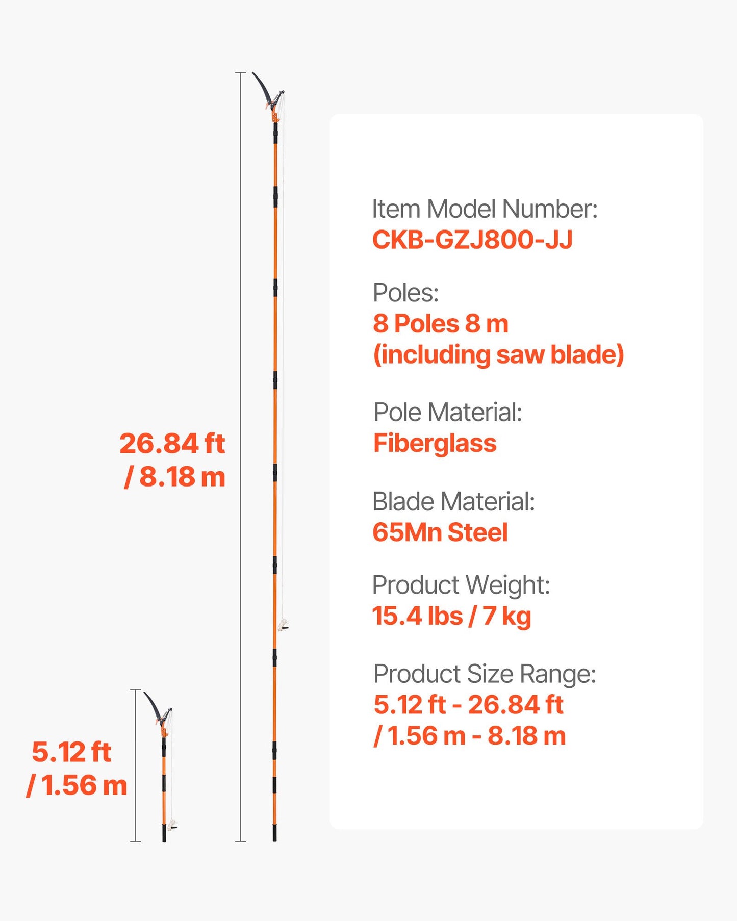 Manual Pole Saw, 4.46-26.4 ft Extendable Tree Pruner with Scissors, Sharp 65Mn Steel Blade, Lightweight Fiberglass Handle Pole, Two Double-Hook Saws, for High Branch Trimming, Palms and Shrubs