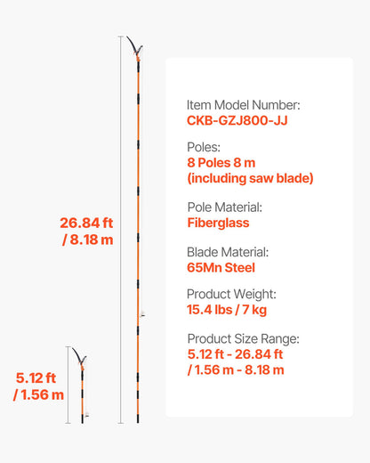 Manual Pole Saw, 4.46-26.4 ft Extendable Tree Pruner with Scissors, Sharp 65Mn Steel Blade, Lightweight Fiberglass Handle Pole, Two Double-Hook Saws, for High Branch Trimming, Palms and Shrubs