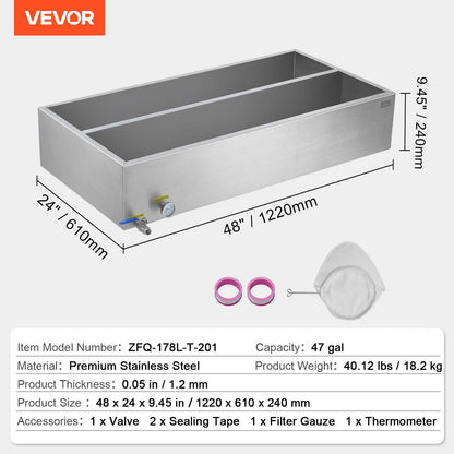 Maple Syrup Evaporator Pan, 47 Gallon, 683 Cups of 8.8oz Maple Syrup, Flat Evaporator Pan with Thermometer, 1 Valve and 3 Heating Methods, Stainless Steel Maple Syrup Pan for Home, Outdoor