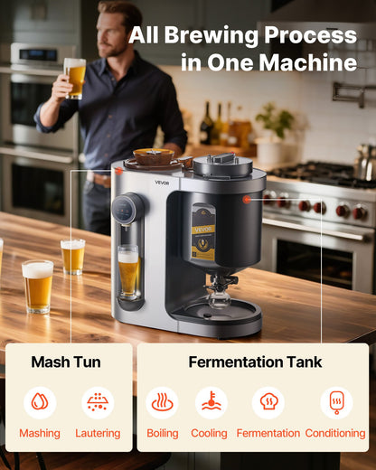 Automatic Home Beer Brewer, 3.43 Gal All-in-One Home Brew Machine, 1500W Power Electric Beer Maker Machine with Mash Boil Device, 304 Stainless Steel Inner Tank, Auto Temp & Pressure Control