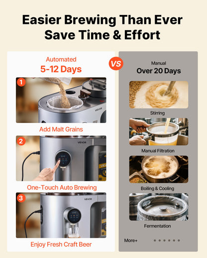 Automatic Home Beer Brewer, 3.43 Gal All-in-One Home Brew Machine, 1500W Power Electric Beer Maker Machine with Mash Boil Device, 304 Stainless Steel Inner Tank, Auto Temp & Pressure Control