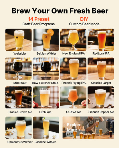 Automatic Home Beer Brewer, 3.43 Gal All-in-One Home Brew Machine, 1500W Power Electric Beer Maker Machine with Mash Boil Device, 304 Stainless Steel Inner Tank, Auto Temp & Pressure Control