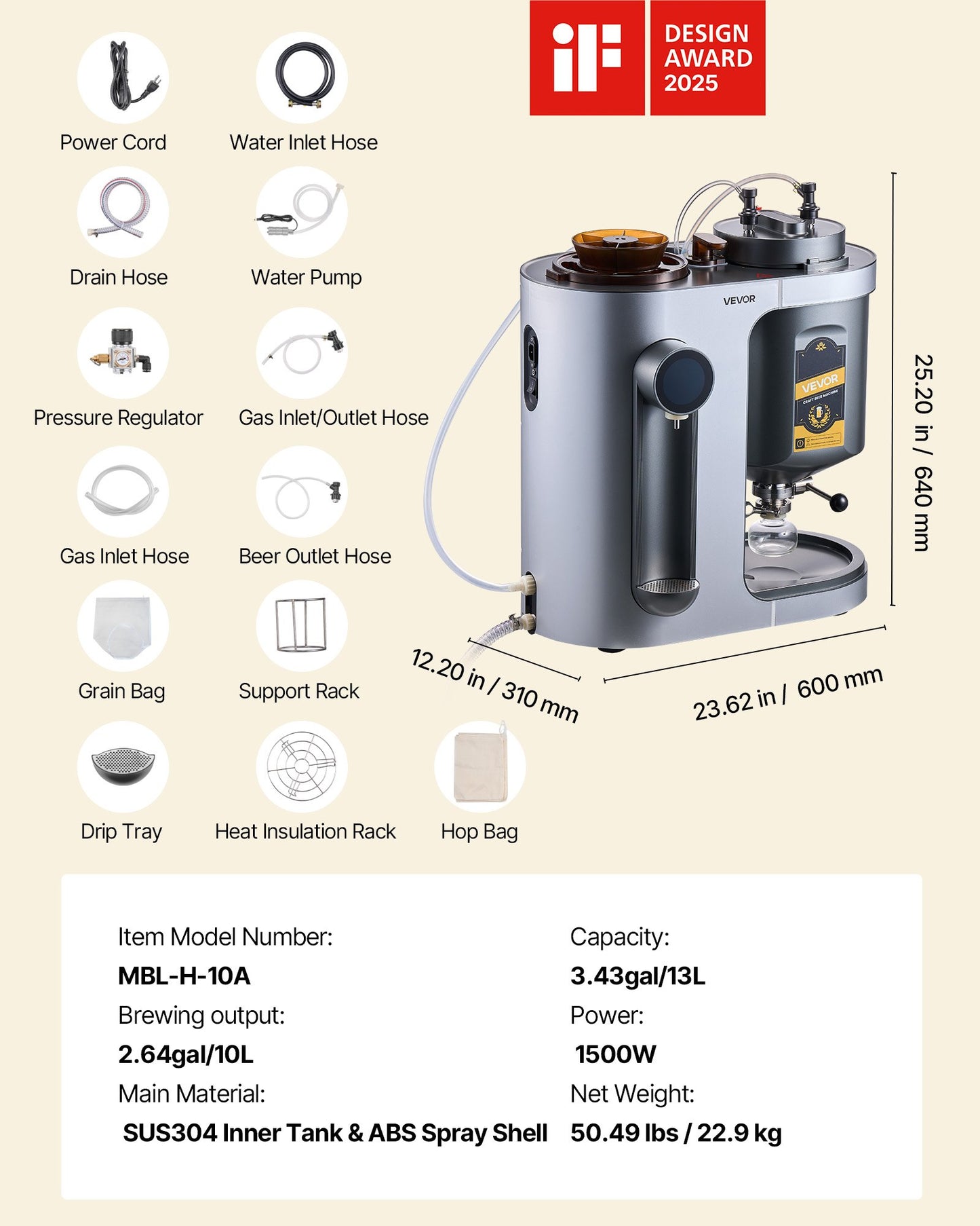 Automatic Home Beer Brewer, 3.43 Gal All-in-One Home Brew Machine, 1500W Power Electric Beer Maker Machine with Mash Boil Device, 304 Stainless Steel Inner Tank, Auto Temp & Pressure Control