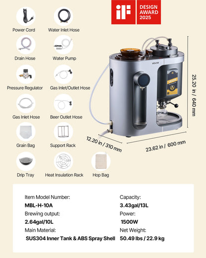 Automatic Home Beer Brewer, 3.43 Gal All-in-One Home Brew Machine, 1500W Power Electric Beer Maker Machine with Mash Boil Device, 304 Stainless Steel Inner Tank, Auto Temp & Pressure Control