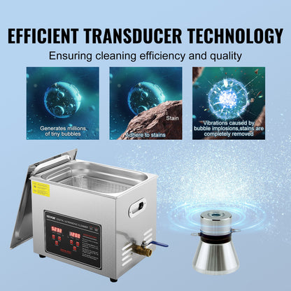 Ultrasonic Cleaner with Digital Timer & Heater, Professional Ultra Sonic Jewelry Cleaner, Stainless Steel Heated Cleaning Machine for Glasses Watch Rings Small Parts Circuit Board (10L)