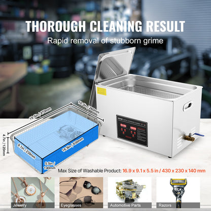 Ultrasonic Cleaner with Digital Timer & Heater, Professional Ultra Sonic Jewelry Cleaner, Stainless Steel Heated Cleaning Machine for Glasses Watch Rings Small Parts Circuit Board (30L)
