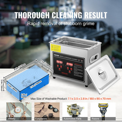 Ultrasonic Cleaner with Digital Timer & Heater, Professional Ultra Sonic Jewelry Cleaner, Stainless Steel Heated Cleaning Machine for Glasses Watch Rings Small Parts Circuit Board (3L)