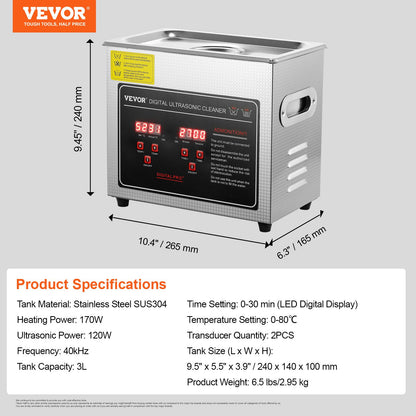 Ultrasonic Cleaner with Digital Timer & Heater, Professional Ultra Sonic Jewelry Cleaner, Stainless Steel Heated Cleaning Machine for Glasses Watch Rings Small Parts Circuit Board (3L)