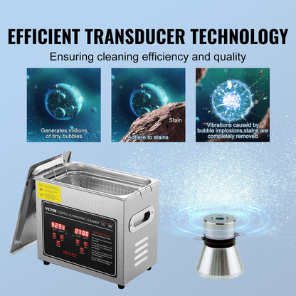 Ultrasonic Cleaner with Digital Timer &amp; Heater, Professional Ultra Sonic Jewelry Cleaner, Stainless Steel Heated Cleaning Machine for Glasses Watch Rings Small Parts Circuit Boards (3L)