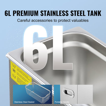 Ultrasonic Cleaner with Digital Timer &amp; Heater, Professional Ultra Sonic Jewelry Cleaner, Stainless Steel Heated Cleaning Machine for Glasses Watch Rings Small Parts Circuit Boards (6L)