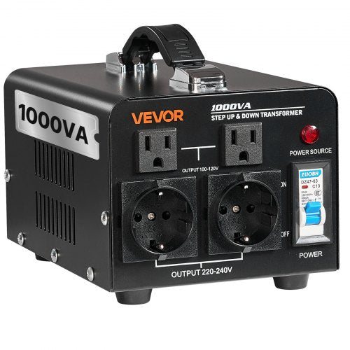 Voltage Converter Transformer, 1000VA, Heavy Duty Step Up/Down Power Transformer, Convert from 110V to 220V and 220V to 110V, with US Outlets, EU Outlets, Power Cord, Circuit Breaker Protection