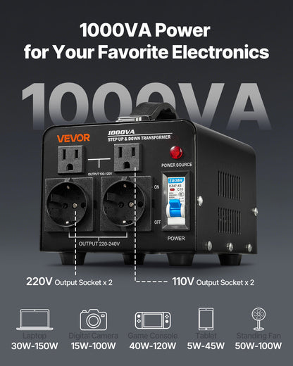 Voltage Converter Transformer, 1000VA, Heavy Duty Step Up/Down Power Transformer, Convert from 110V to 220V and 220V to 110V, with US Outlets, EU Outlets, Power Cord, Circuit Breaker Protection