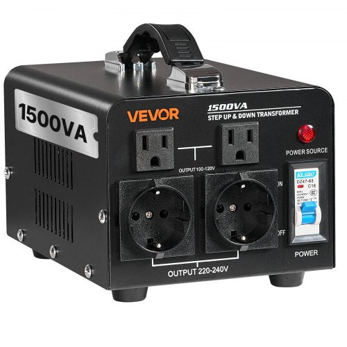 Voltage Converter Transformer, 1500VA, Heavy Duty Step Up/Down Power Transformer, Convert from 110V to 220V and 220V to 110V, with US Outlets, EU Outlets, Power Cord, Circuit Breaker Protection