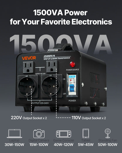 Voltage Converter Transformer, 1500VA, Heavy Duty Step Up/Down Power Transformer, Convert from 110V to 220V and 220V to 110V, with US Outlets, EU Outlets, Power Cord, Circuit Breaker Protection