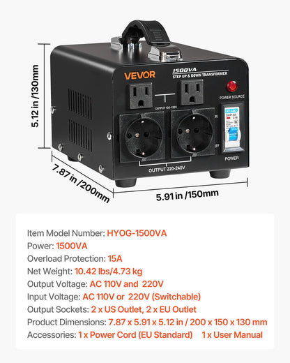 Voltage Converter Transformer, 1500VA, Heavy Duty Step Up/Down Power Transformer, Convert from 110V to 220V and 220V to 110V, with US Outlets, EU Outlets, Power Cord, Circuit Breaker Protection