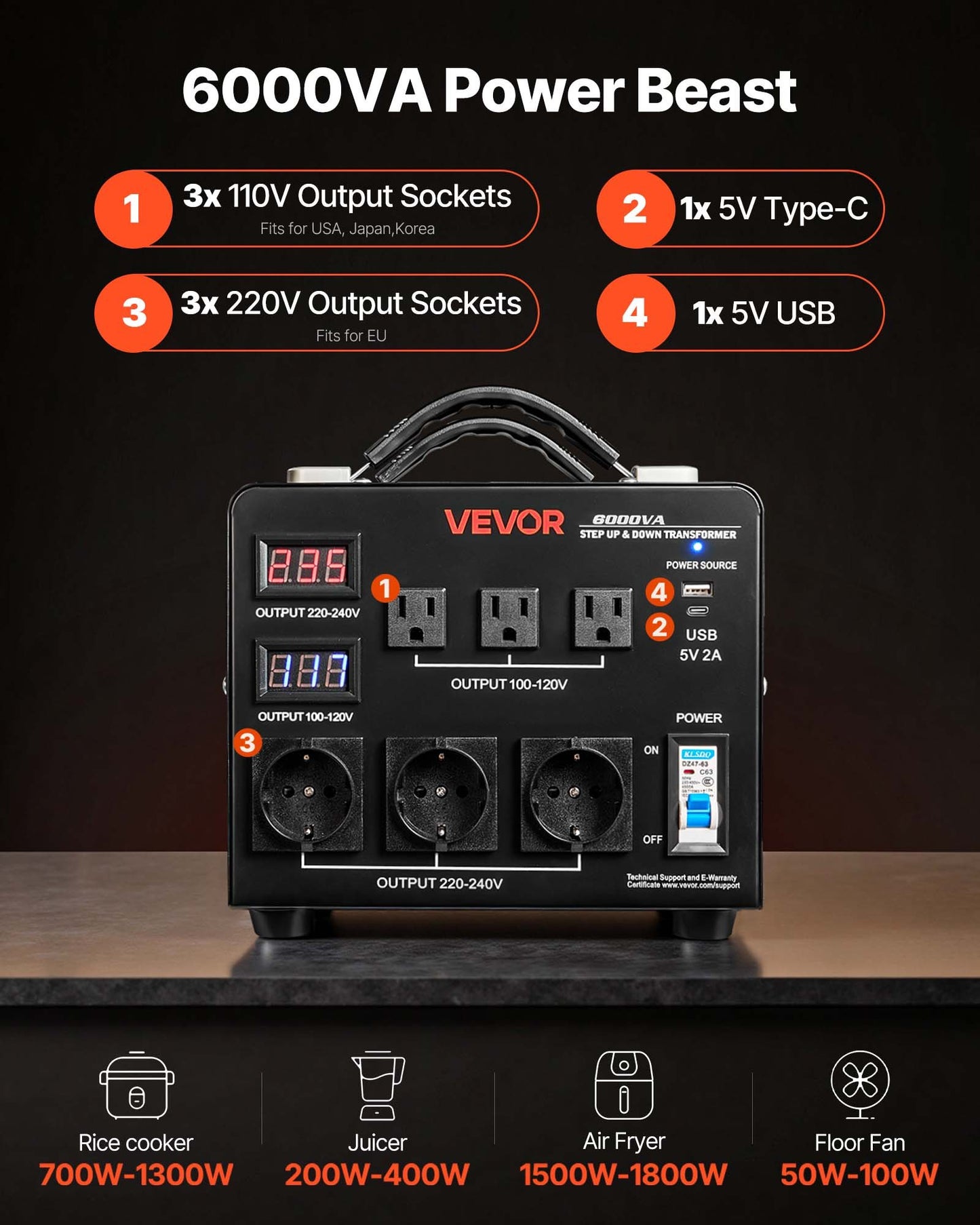 Voltage Auto Converter Transformer, 6000VA, Heavy Duty Step Up/Down Power Transformer, 110V to 220V and 220V to 110V, with 3 US Outlets, 3 EU Outlets, LCD Display, Circuit Breaker Protection