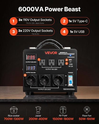 Voltage Auto Converter Transformer, 6000VA, Heavy Duty Step Up/Down Power Transformer, 110V to 220V and 220V to 110V, with 3 US Outlets, 3 EU Outlets, LCD Display, Circuit Breaker Protection