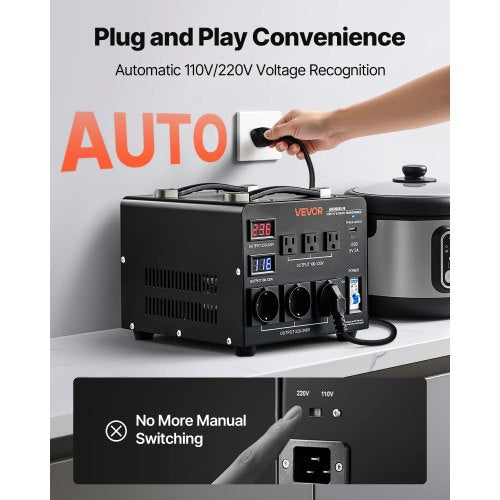 Spänningsomvandlare, 6000VA, Kraftig upp-/nedtransformator, 110V till 220V och 220V till 110V, med 3 US-uttag, 3 EU-uttag, LCD-display, kretsbrytarskydd |  EU