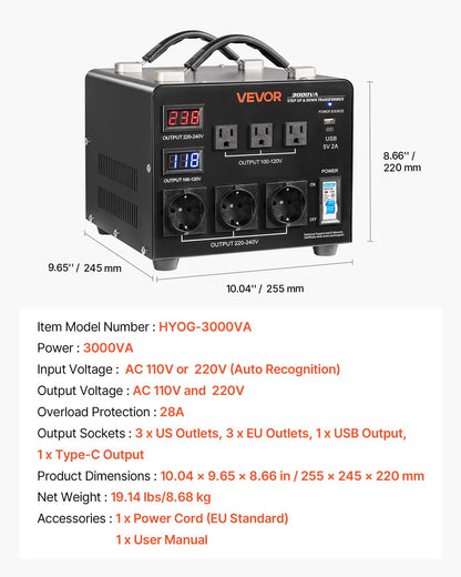 Voltage Auto Converter Transformer, 3000VA, Heavy Duty Step Up/Down Power Transformer, 110V to 220V and 220V to 110V, with 3 US Outlets, 3 EU Outlets, LCD Display, Circuit Breaker Protection