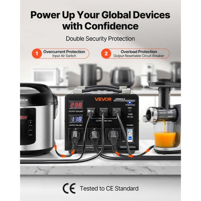 Spänningsomvandlare, 3000VA, Kraftig upp-/nedtransformator, 110V till 220V och 220V till 110V, med 3 US-uttag, 3 EU-uttag, LCD-display, kretsbrytarskydd |  EU