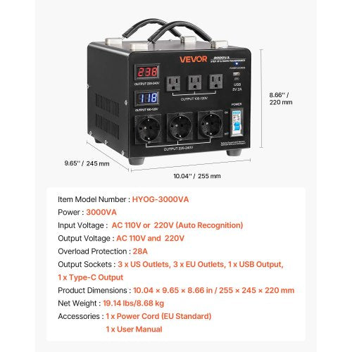 Spänningsomvandlare, 3000VA, Kraftig upp-/nedtransformator, 110V till 220V och 220V till 110V, med 3 US-uttag, 3 EU-uttag, LCD-display, kretsbrytarskydd |  EU