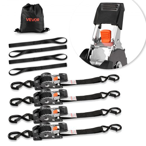 Retractable Ratchet Straps, 1 in x 10 ft, Tie Down Straps with S Hooks, 1200 lbs Break Strength, 4 Soft Loops, Tie Down Ratcheting for Moving, Trailers, Motorcycles, Kayaks, Car Roof, 4 Pack