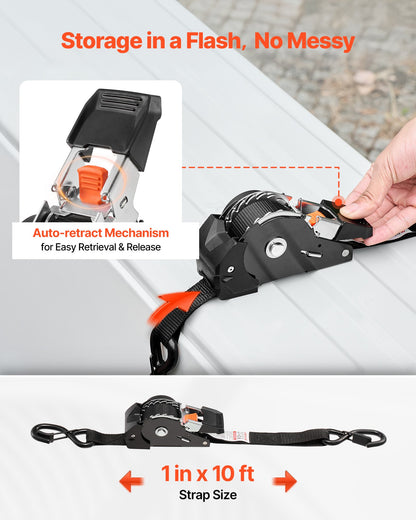 Retractable Ratchet Straps, 1 in x 10 ft, Tie Down Straps with S Hooks, 1200 lbs Break Strength, 4 Soft Loops, Tie Down Ratcheting for Moving, Trailers, Motorcycles, Kayaks, Car Roof, 4 Pack