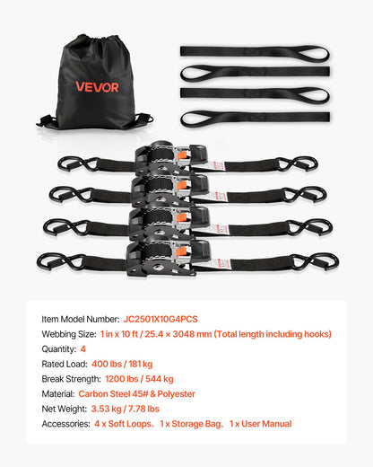 Retractable Ratchet Straps, 1 in x 10 ft, Tie Down Straps with S Hooks, 1200 lbs Break Strength, 4 Soft Loops, Tie Down Ratcheting for Moving, Trailers, Motorcycles, Kayaks, Car Roof, 4 Pack
