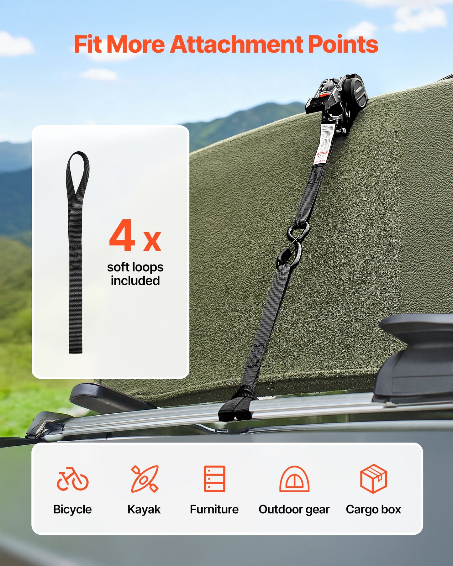 Retractable Ratchet Straps, 1 in x 6 ft, Tie Down Straps with S Hooks, 1200 lbs Break Strength, 4 Soft Loops, Tie Down Ratcheting for Moving, Trailers, Motorcycles, Kayaks, Car Roof, 4 Pack