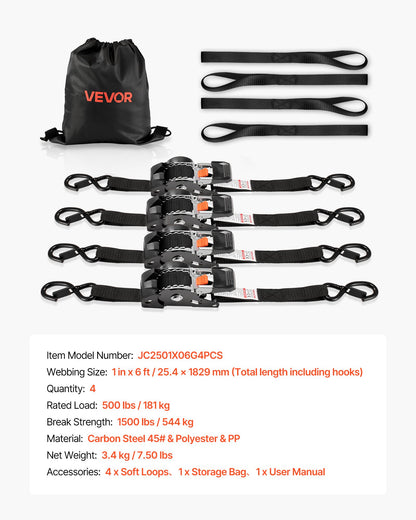 Retractable Ratchet Straps, 1 in x 6 ft, Tie Down Straps with S Hooks, 1200 lbs Break Strength, 4 Soft Loops, Tie Down Ratcheting for Moving, Trailers, Motorcycles, Kayaks, Car Roof, 4 Pack