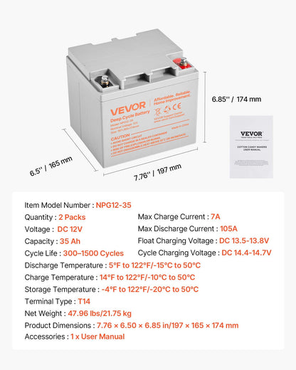 2 Pack 12V 35Ah Deep Cycle Battery, Sealed AGM Technology, Rechargeable Lead Acid AGM Battery, Backup Replacement for Scooters, Mobility Wheelchair, Solar System Off-Grid Home Energy Storage