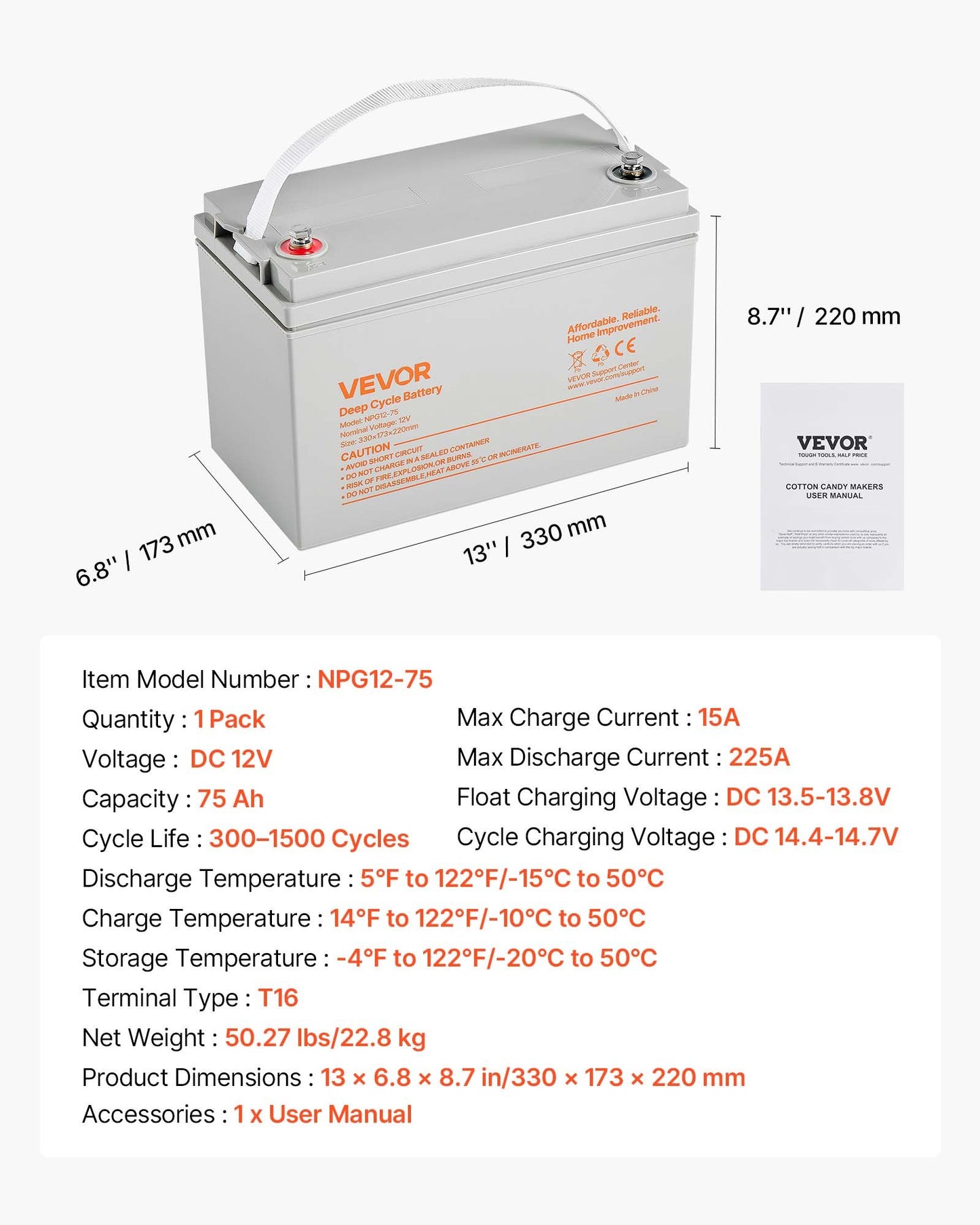 12V 75Ah Deep Cycle Battery, Sealed AGM Technology, Rechargeable Lead Acid AGM Battery, Backup Replacement for Scooters, Electric Mobility Wheelchair, Solar System Off-Grid Home Energy Storage