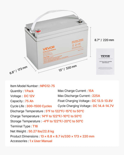 12V 75Ah Deep Cycle Battery, Sealed AGM Technology, Rechargeable Lead Acid AGM Battery, Backup Replacement for Scooters, Electric Mobility Wheelchair, Solar System Off-Grid Home Energy Storage